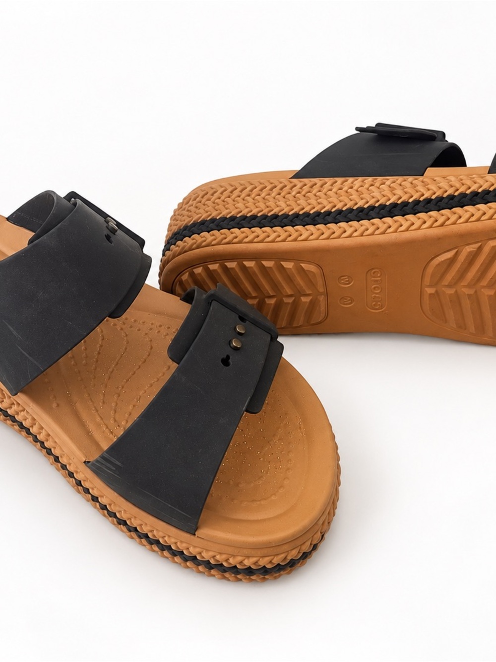 CROCS Two-Tone Black and Tan Platform Slide Sandals